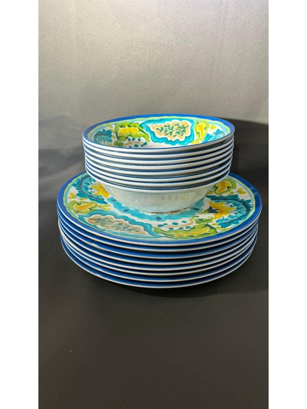 8 Better Homes & Gardens Aqua Watercolor Melamine Dinner Plates & Bowls